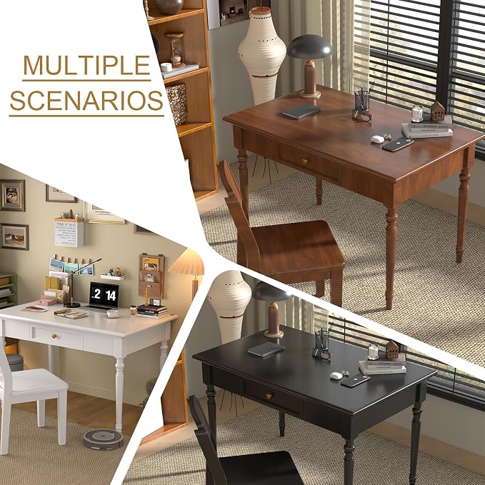 Solid Wood French Country Desk,Writing Desk with Storage Drawers,Farmhouse Computer Table Makeup Table Modern Simple Style,for Home Office Living Room Study Workspace Bedroom (White, 31.5IN)