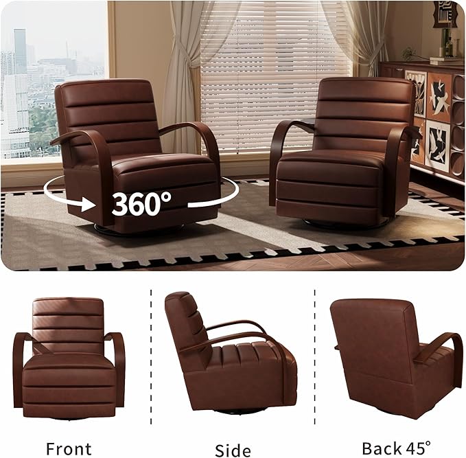 Chifee & Vingol 360° Swivel Accent Chair 30.3" W PU Leather Swivel Living Room Chair with Solid Wood Armrests Mid Century Modern Reading Chair,Set of 2,Brown