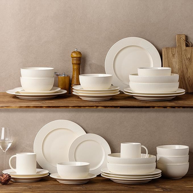 TheTerra Stoneware Dinnerware Sets for 6, 18 Pieces Ceramic Plates and Bowls Sets, Scratch Resistant Embossed Dish Set, Oven, Microwave & Dishwasher Safe, Beige