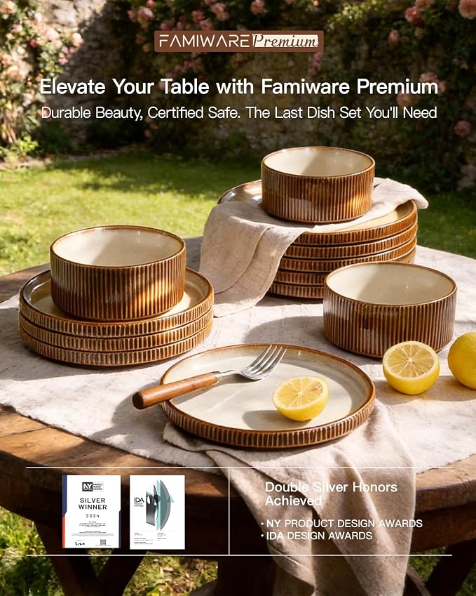 Stoneware Dinnerware Sets, Handcrafted Double Reactive Glaze Plates and Bowls for Everyday & Formal Dining, Microwave & Dishwasher Safe, Scratch Resistant Dishes Service for 4 (12-Piece), Cream Cocoa