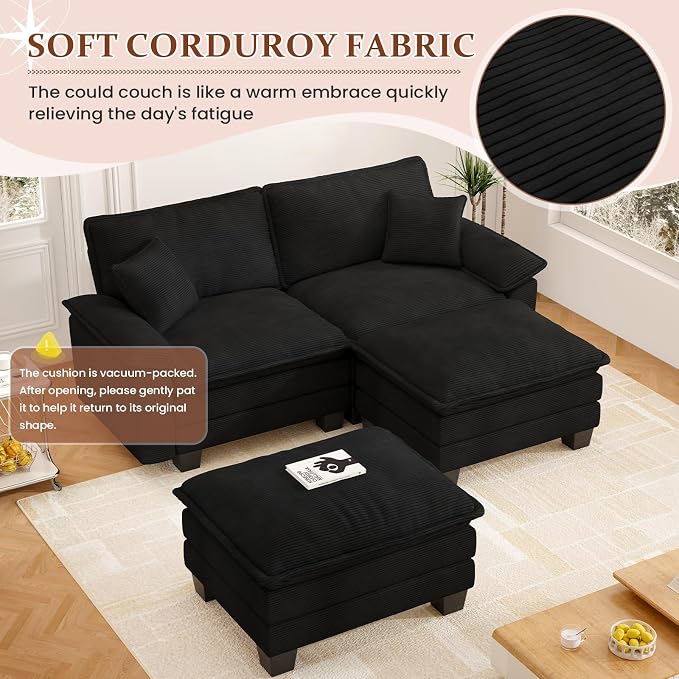 Modular Sectional Sofa Cloud Couch, Comfy Corduroy Loveseat with Ottoman Upholstered Deep Seat Sleeper Sofa Bed 2 Seater Couch Oversized Chaise Lounge Chair Indoor for Living Room Bedroom, Black