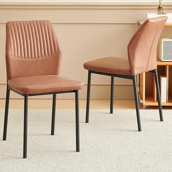 Dining Chairs Set of 2, Brown PU Leather Dining Chairs, Comfortable Upholstered Armless Kitchen Chairs with Black Metal Legs for Living Room, Dining Room, Kitchen