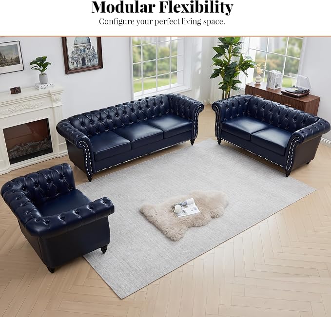LEVNARY Chesterfield Sofa, 3 Seater Tufted Couch for Living Room, Classic Button Tufted Upholstered Sofa, Modern Mid-Century PU Leather Sofa (Blue)