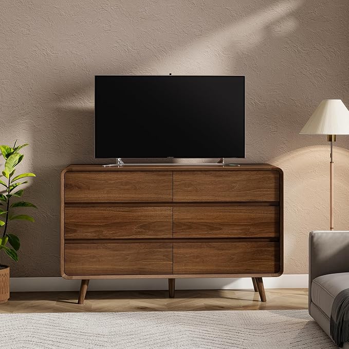 Mid Century Modern Dresser for Bedroom, 47'' Wide Dressers & Chests of Drawers with 6 Storage Drawers, Dark Walnut Dresser Wood TV Stand for Living Room, Closet