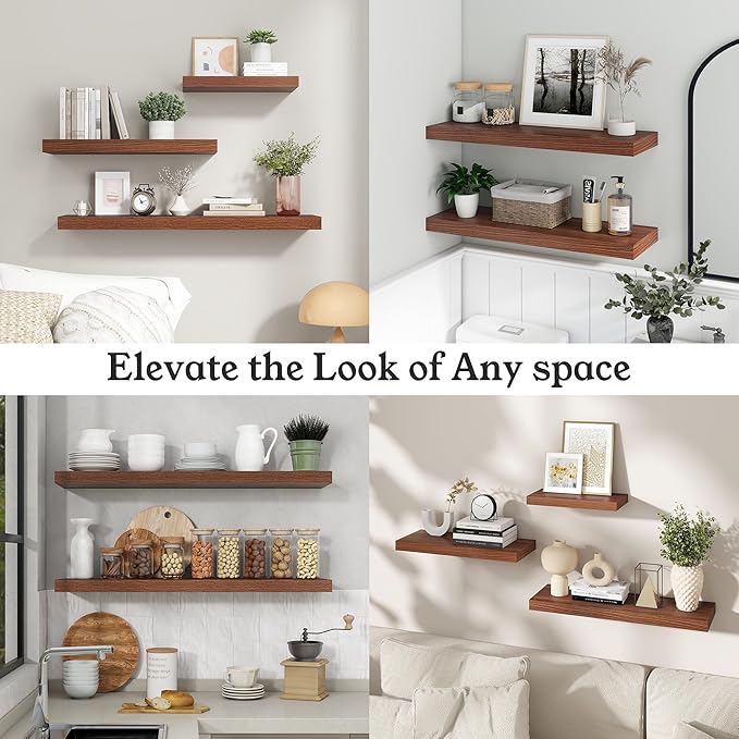 Floating Shelves for Wall, 9.3" Deep Wall Mounted Wood Shelves for Bathroom, Bedroom, Living Room, Kitchen, Hanging Shelf for Books/Storage/Room Decor (Walnut, 55")