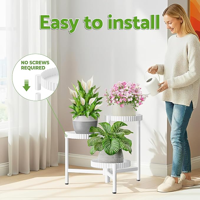3 Tiered Tall Plant Stand Indoor Outdoor, Metral Flodable Plant Stand for Corner Display Rack Shelf, Multi-Tier Folding Planter Pot Holder Flower Stand for Living Room Balcony Garden Patio - WhiteFloroma