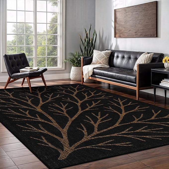 Washable Indoor Outdoor Rug 6x9 Modern Area Rugs Branch Pattern Non Shedding Waterproof Easy Clean Patio Deck Porch Living Room Bedroom Garden RV (6 X 9 Gold)