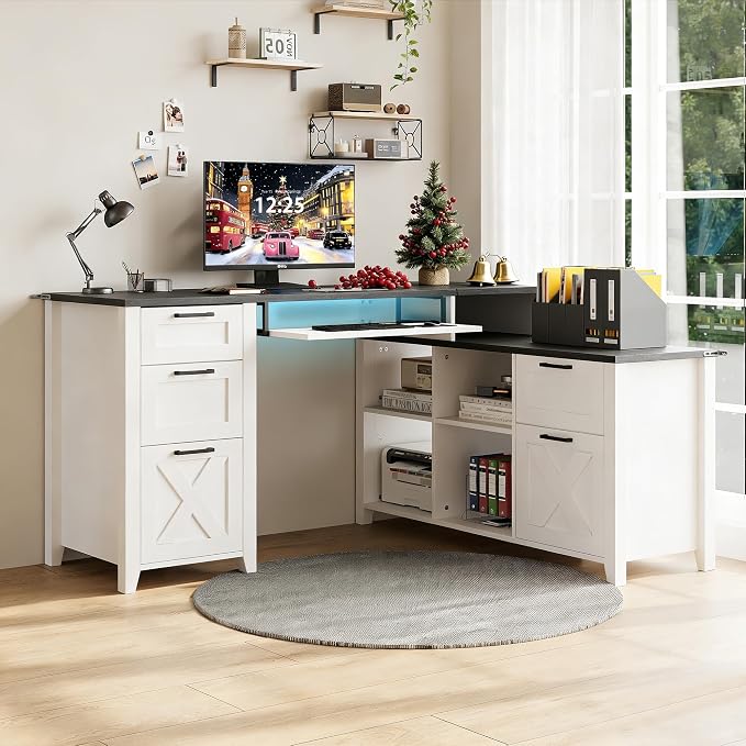 HOPUBUY Farmhouse Executive Desk with File Drawers,Wood Home Office Desk w/Charging Station,Adjustable Storage Cabinets,White Computer Writing Desk for Work,Study