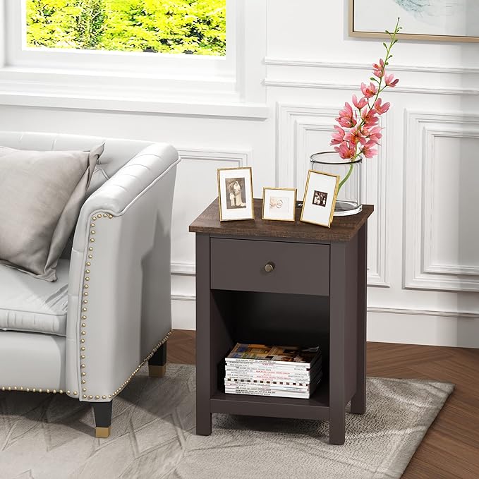 ChooChoo Nightstand with Charging Station, Wooden Top Bedside Table with Drawer and Storage Space for Bedroom, Espresso