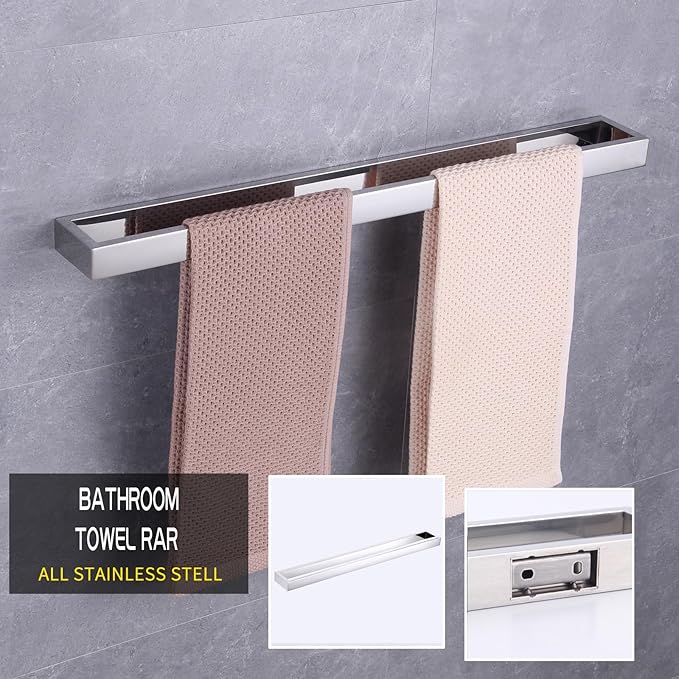 GERZWY 4-Piece Bathroom Accessory Set SUS 304 Stainless Steel Towel Bar Toilet Paper Holder Towel Ring Towel Hooks Wall Mount, Polished Finish HG1708-4JG