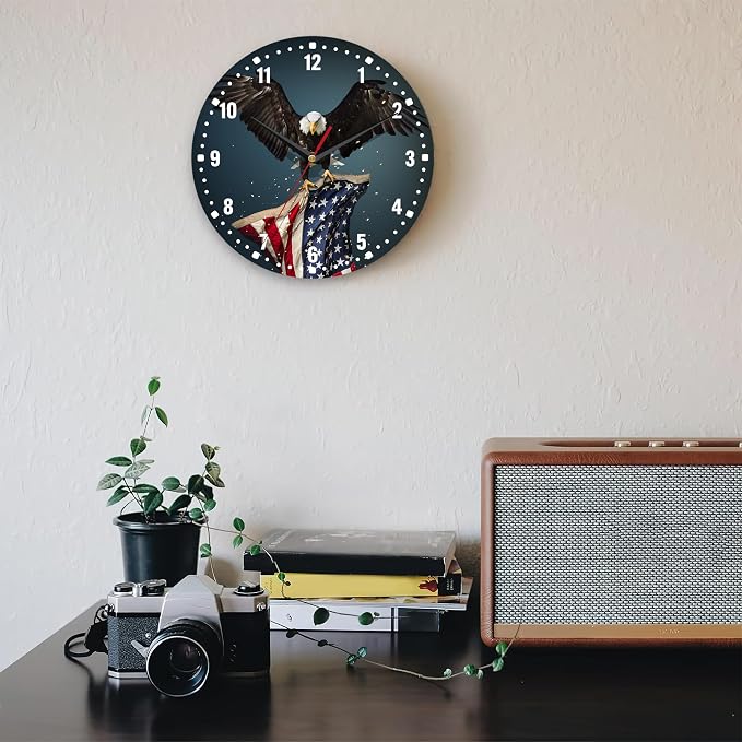 SPUNKER America Flag Eagle Wall Clocks,Patriotic Bald Eagle Wall Clock Battery Operated 10 Inch,Round Clock Silent Non-Ticking Wall Decor for Farmhouse Office Home School Living Room Bedroom