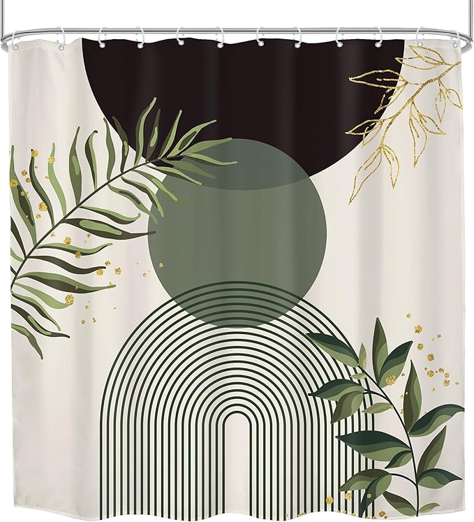 Dark Green Boho Shower Curtain 72Wx72H Black Bohemian Modern Abstract Plant Leaves Minimalist Geometric Bathroom Decor Mid Century Plant Neutral Bath Curtain Fabric Polyester 12 Pack Hooks