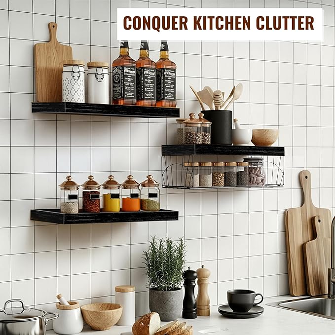 3 Pack Bathroom Shelves 24 inches Long Over Toilet, Wall Mounted Rustic Wood Floating Shelves for Bathroom, Toilet Paper Storage, Small Farmhouse Decor Hanging Shelf for Living Room, Kitchen, Black