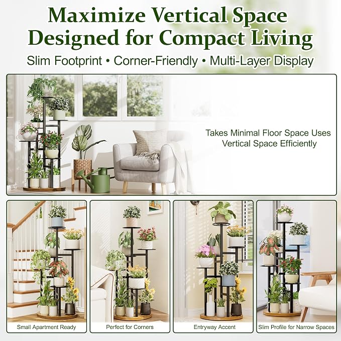5 Tier Plant Stand Indoor Outdoor,Tiered Plant Stands,Wood Plant Shelf for Multiple Plants, Wrought Iron Flower Stand, Tall Plant Rack Shelf for House Patio Garden - BlackKite