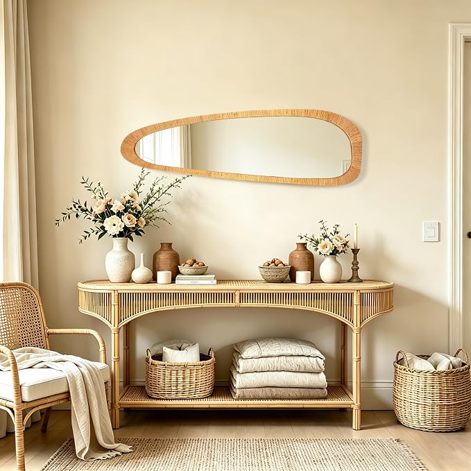BAODANFU Irregular Natural Rattan Mirror, 18×53 Inch Full Length Wall Mirror, 4-Way Handwoven Decorative Asymmetrical Mirrors, Boho Rustic Decor for Entryway Bedroom Living Room Home