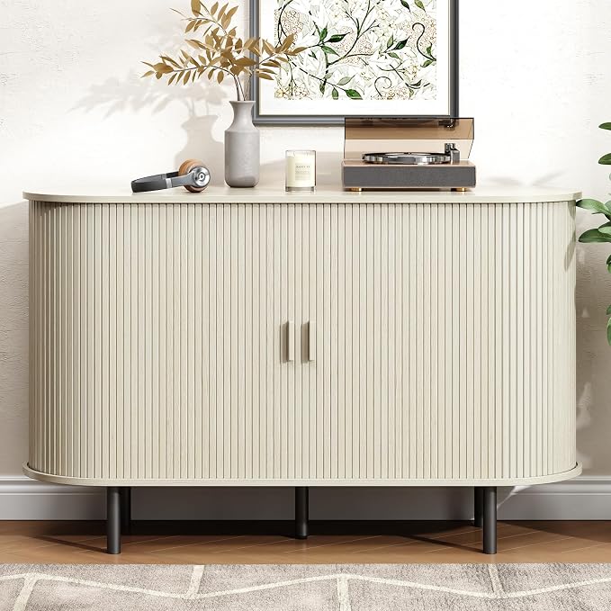Buffet Cabinet with Storage, Fluted Sideboard Buffet with Sliding Door, Coffee Bar Cabinet with Adjustable Shelf, Console Table, Accent Table for Entryway, Kitchen (Natural White, 48 Inch)