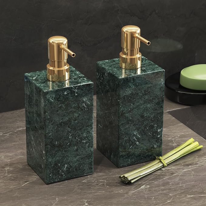 2 Set Real Natural Marble Soap Dispenser with Stainless Steel Pump โ Decorative Liquid Hand Soap Bottle for Kitchen & Bathroom, Compatible with Lotion, Dish Soap & Shower Gel (Green)