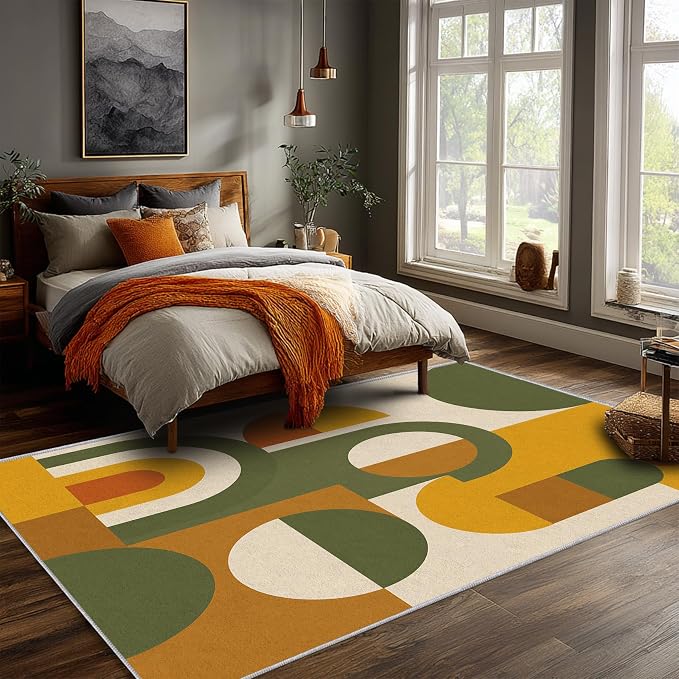 Mid Century Area Rug 4x5, Home Decor | Olive Mustard Bauhaus Circle, Retro Geometric Rug for Living Room, Bedroom, Home Office, Non Slip, Washable, Low Pile