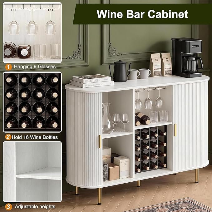 DHH 55" Wine Bar Cabinet with Storage, Fluted Liquor & Coffee Bar Cabinet with Wine Rack and Glass Holder, Buffet Sideboard with LED Lights for Home Kitchen Living Dining Room(White)