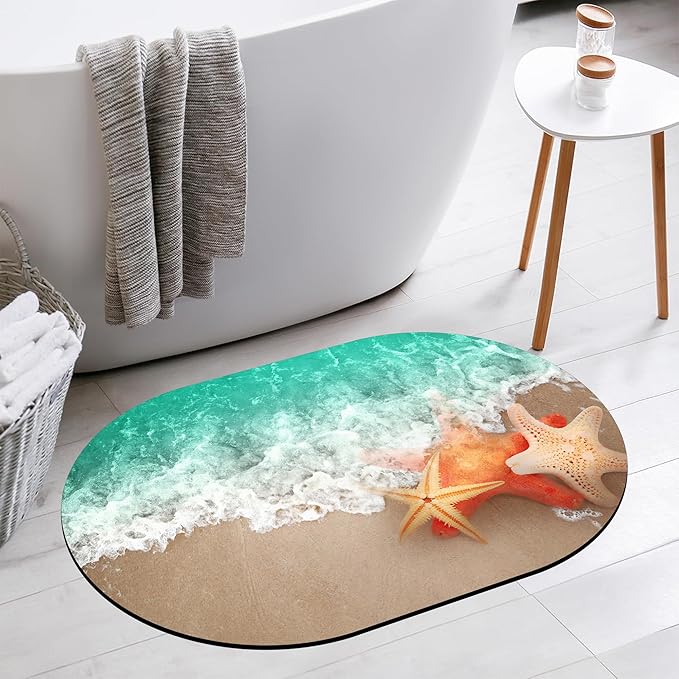 Summer Beach Oval Bath Mat Starfish and Seashell Diatomaceous Mud Mats with Rubber Backing Ultra Soft Washable 23.6"×15.7" Quick Dry Thin Bath Rugs for Bathroom Floor Bathtub Vanity Easy Care