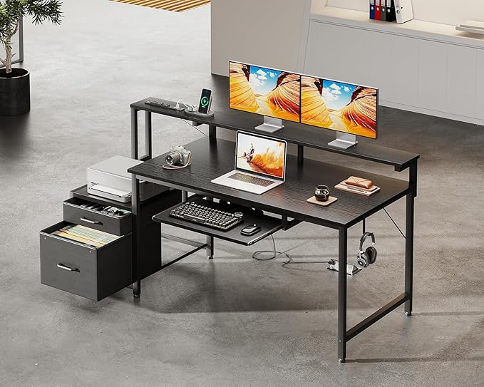 AODK Computer Desk with Drawers, 55" Office Desk with Keyboard Tray and Power Outlet, Reversible Study Work Desk with Printer Space and File Drawers Cabinet for Home Office, Black