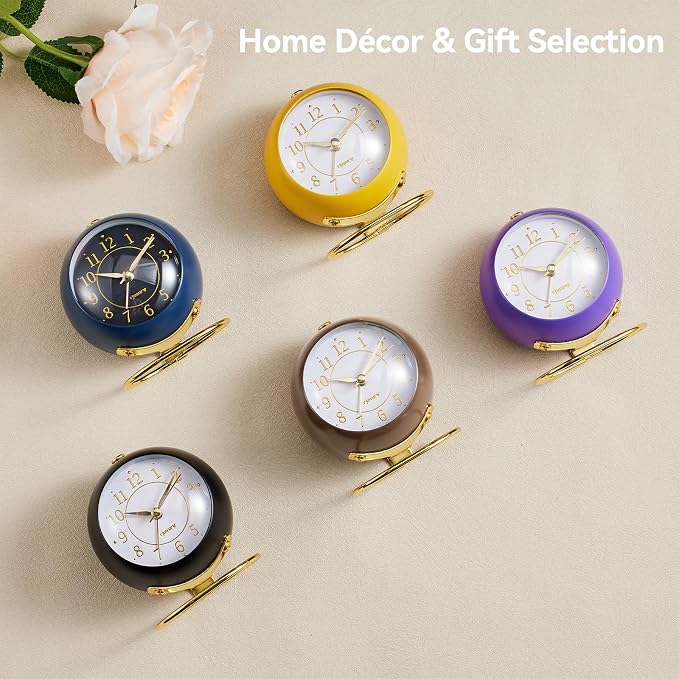 rjuwurv Metal Desk Alarm Clock, Retro Bedroom Table Vintage Analog Silent Non-Ticking Gold Alarm Clock, Bedside Decor(Coffee Brown)