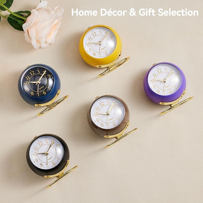 rjuwurv Metal Desk Alarm Clock, Retro Bedroom Table Vintage Analog Silent Non-Ticking Gold Alarm Clock, Bedside Decor(Navy Blue)