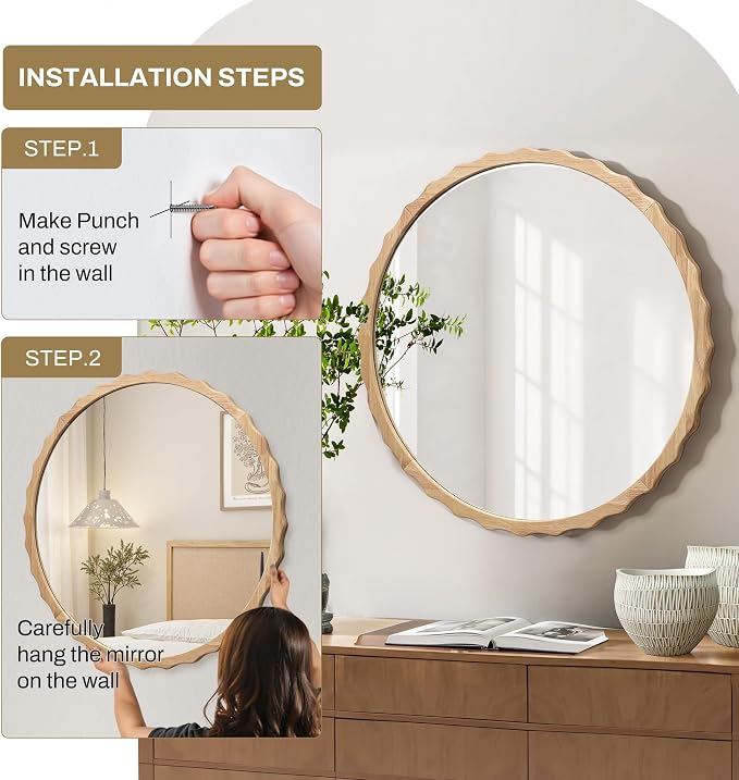 LuxenHome 32" Round Wall Mirror With Natural Rubberwood Scalloped Frame - Wood Wall Decor for Bathroom, Vanity, Entryway, Living Room - Large Accent Circle Mirror