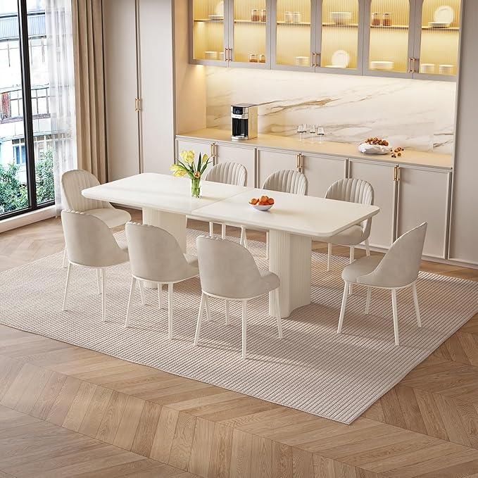 9-Piece Modern Dining Set, 78.97" Dining Table Set for 8, Rectangular Kitchen Table with 8 Chairs, White Dining Room Tables Dinner Tables for 4-8 Person