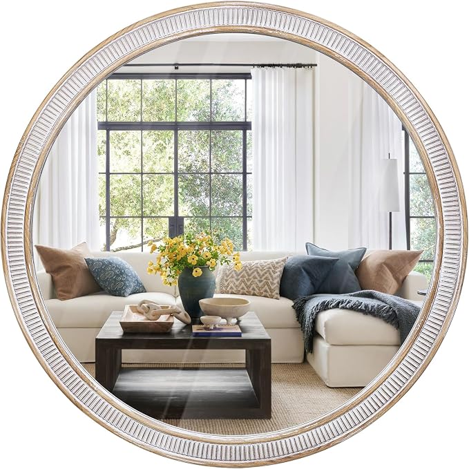 HOITUZYUS 36 Inch Large Round Wood Wall Mirror, Rustic Farmhouse Decorative Circle Mirrors for Bathroom Vanity, Entryway, Living Room, Bedroom, Foyer