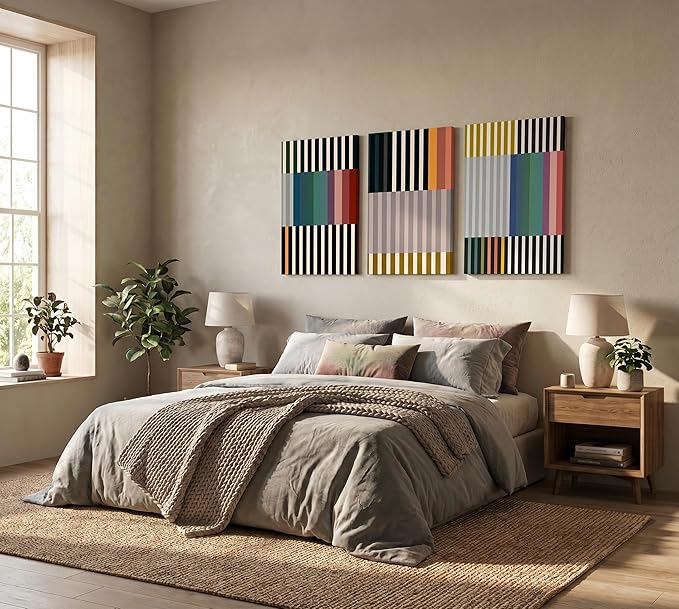 3pcs Abstract Stripes Canvas Wall Art Mid Century Modern Wall Decor Pictures Colorful Simple Line Posters Prints for Living Bedroom office Home Decoration Ready to Hang