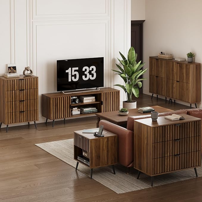 4 Drawer Dresser for Bedroom, Tall Fluted Dresser with Metal Feet, Wooden Storage Organizer Cabinet Chest of Drawer for Closet, Living Room, Hallway,Walnut
