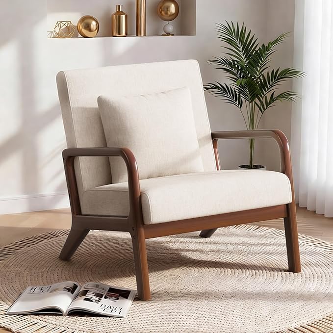 Mid Century Accent Chair with Solid Wood Frame Set of 2, Upholstered Lumbar Pillow Lounge Chair Beige Linen Fabric Cozy Leisure Chair Relaxing Walnut Living Room Chair for Bedroom Waiting Room