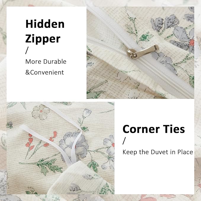 Floral Duvet Cover Set Queen Size 100% Cotton Green Floral Comforter Cover 3 Pcs Lightweight Soft Aesthetic Floral Bedding Sets