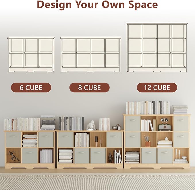 VORONOI 8 Cube Storage Organizer with 4 Fabric Drawers and Removable Shelves — Modular Cube Bookshelf for Bedroom, Living Room, or Home Office, Short Cube Bookcase for Toys, Decor,Natural Wood