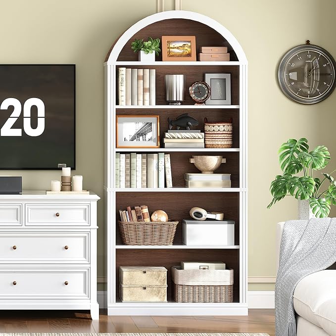 RALGEND Arched Bookshelf Set of 2, 75.8" Tall Arch Bookcase with Storage, 6-Tier Farmhouse Book Shelf, Arched Cabinet, Wooden Bookshelf with Open Display Shelves, Adjustable Shelf, White and Walnut