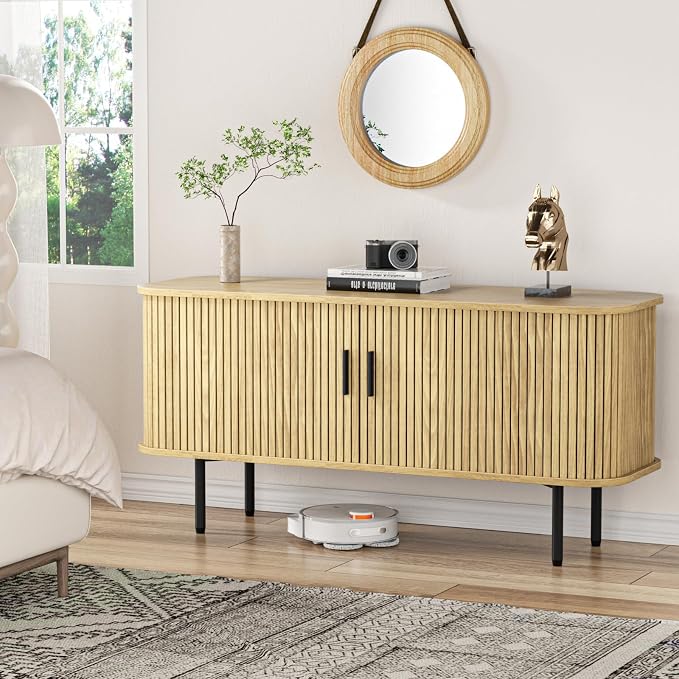 47''W Storage Cabinet, Fluted Sideboard Buffet Cabinet with Storage, Console Table Credenza with Tambour Slatted Sliding Doors and Shelves, TV Stand for Living Room, Kitchen, Entryway, Natural
