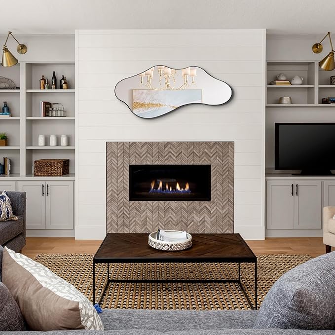 Irregular Wall Mirror, 40"x18" Asymmetrical Bathroom Mirrors with Metal Frame, Odd Shaped Mirror Decorative, Modern Abstract Mirrors for Living Room Bedroom Hallway Entryway Fireplace