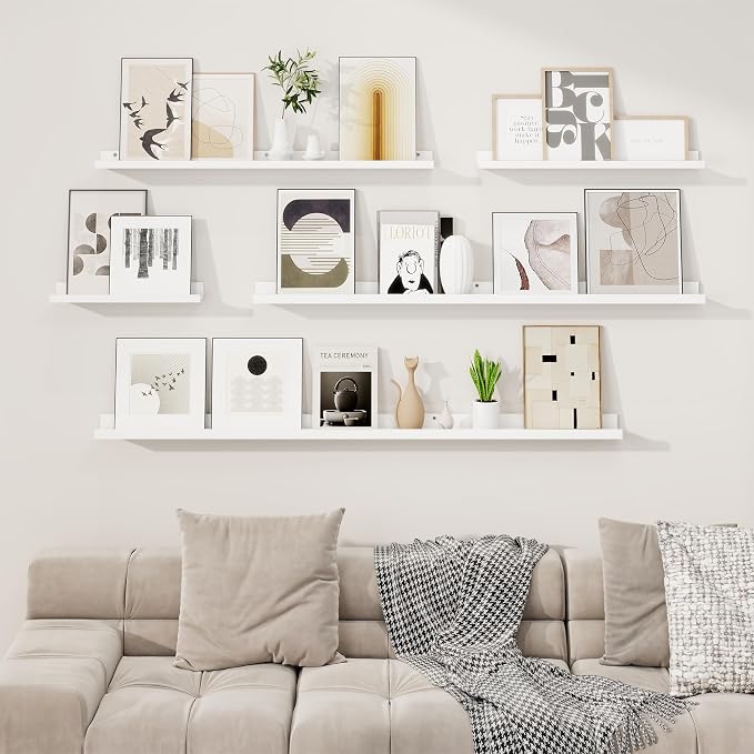 RICHFOCUS Picture Ledge Shelf, 55 inch Floating Shelves Set of 2, Wood Wall Shelves with Lip, Wall Decor Storage for Bedroom Living Room Bathroom Kitchen Nursery Photo Picture, White
