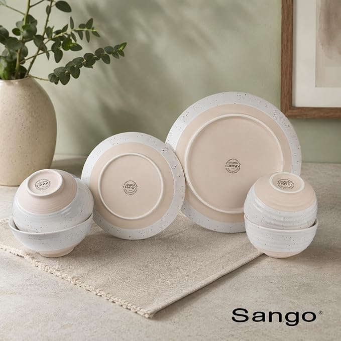 Sango Siterra 16-Piece Rustic White Stoneware Dinnerware Set – Service for 4, White with Glossy Speckle Overlay, for Everyday Dining & Entertainment, Microwave & Dishwasher Safe