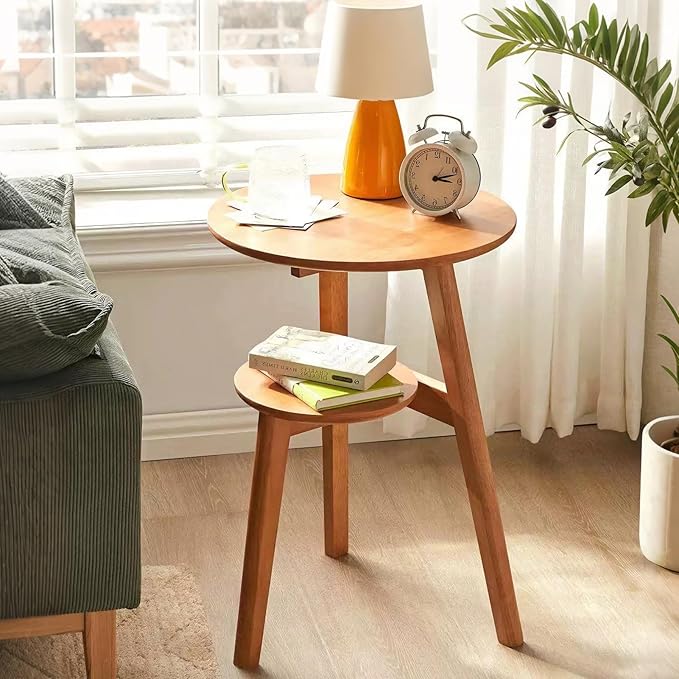 Side Table, Small Round End Table with 2-Tier Shelf, Solid Wood Nightstand for Small Spaces, Mid Century Modern Accent Table for Living Room Bedroom, Natural