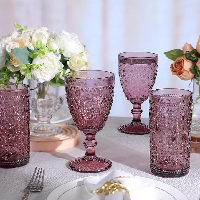 abrwyy Purple Wine Glasses set of 4, Purple Goblets, Vintage Drinking Glassware, Colored Glassware Set for Party, Home & Wedding