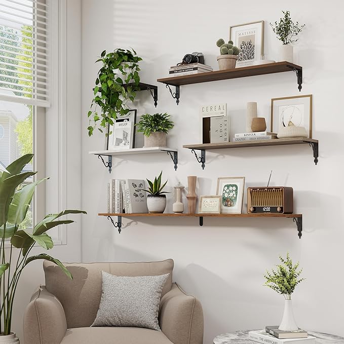 RICHFOCUS Floating Shelves for Wall Decor, 8 Inch Deep Floating Shelves Set of 2, 16W x 8D Shelves Wall Mounted with Metal Brackets, Wood Shelves for Living Room Bedroom Kitchen, Rustic Brown