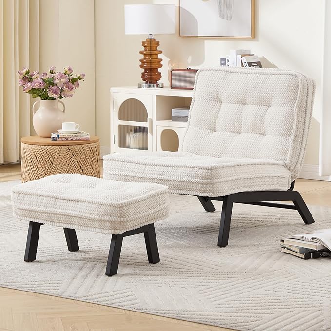 ANJ Accent Chair with Ottoman Adjustable Backrest, Beige Living Room Chair Tufted Upholstered Lounge Chair with Footrest Set, Modern Chair Cozy Reclining Chair for Reading Room Bedroom