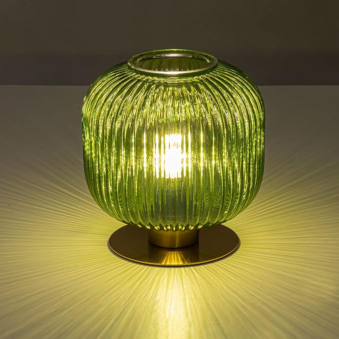 Mid Century Modern Glass Table Lamp, Ribbed Green Bedside Lamp with Gold Metal Base, Decorative Desk Light for Bedroom, Living Room, Office, Retro Aesthetic Nightstand Lamp
