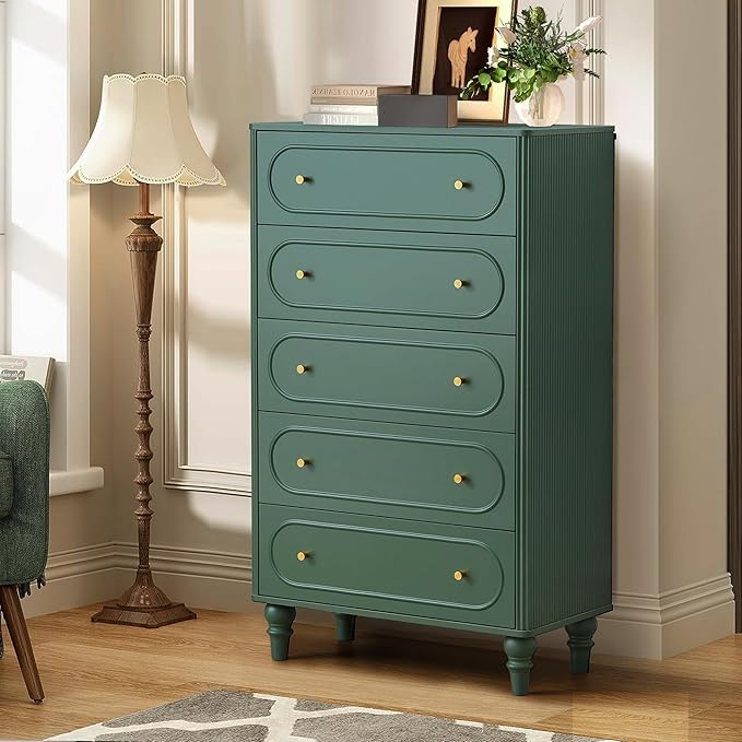 ORRD 5 Drawer Fluted Dresser for Bedroom Set of 2, Mid Century Modern Chest of Drawers, Wood Storage Large Dresser Organizer for Bedroom Living Room Hallway Closet, Green