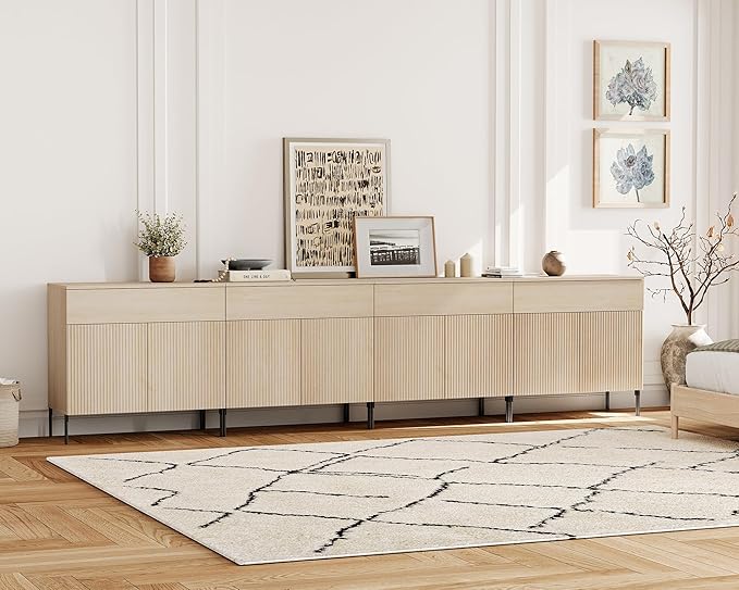 WAMPAT 126" W Large Sideboard Buffet Cabinet with Storage,4 in 1 Fluted Sideboard Buffet with 8 Doors, Wooden Buffet Table, Coffee Bar Wine Bar Cabinet for Kitchen, Dining Room, Living Room, Beige