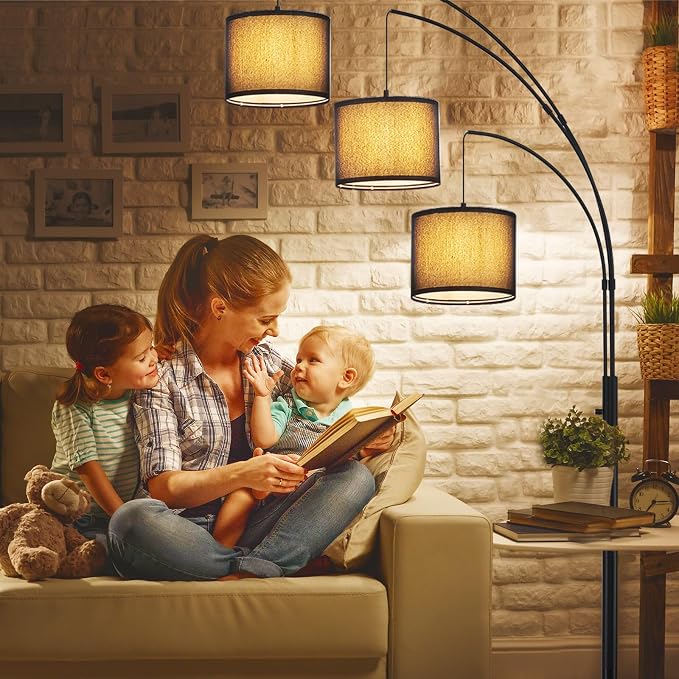 DLLT Modern Floor Lamp for Room: 3-Light Black Tree Dimmable Floor Lamps with Black Shades for Living Room - Arc Standing Lamp for Bedroom - Tall Floor Lamp for Office Corner 3 LED Bulbs Included