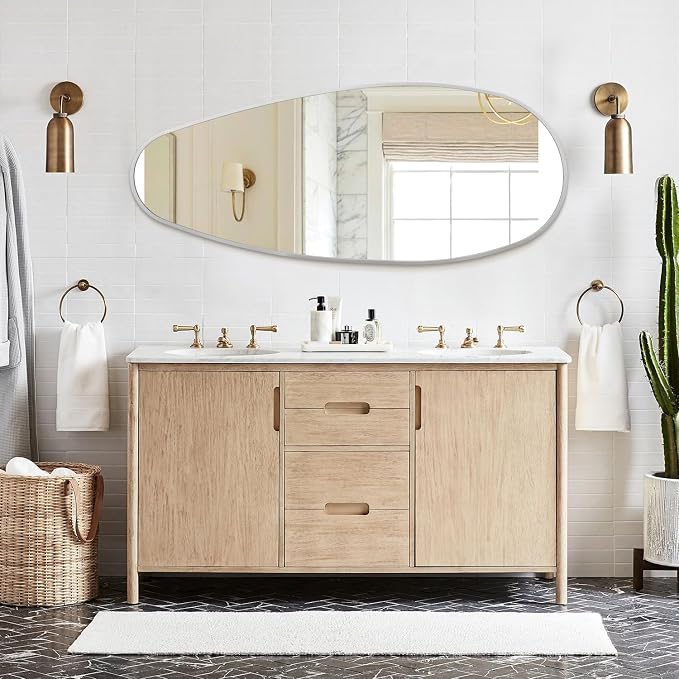 JJUUYOU Irregular Metal Frame Wall Mirror Asymmetrical Bathroom Mirror 39" X 18" Modern Horizontal or Vertical Wall Mounted Mirrors for Bedroom Living Room Bedroom Entryway Dorm,Silver