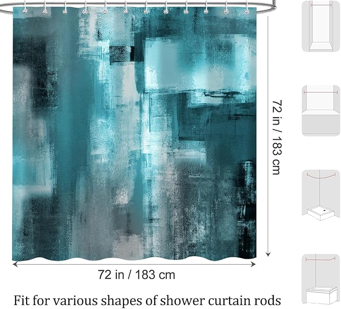 Teal Abstract Oil Shower Curtain, Modern Art Blue Grey Painting Fabric Bathroom Decor Set, Waterproof Polyester Fabric Bath Curtain with Hooks 72x78 Inch